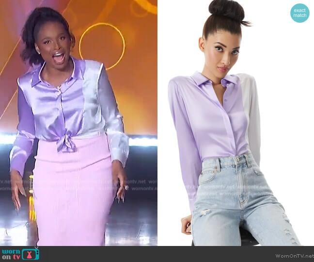 Alice + Olivia Willa Combo Placket Top worn by Jennifer Hudson on The Jennifer Hudson Show