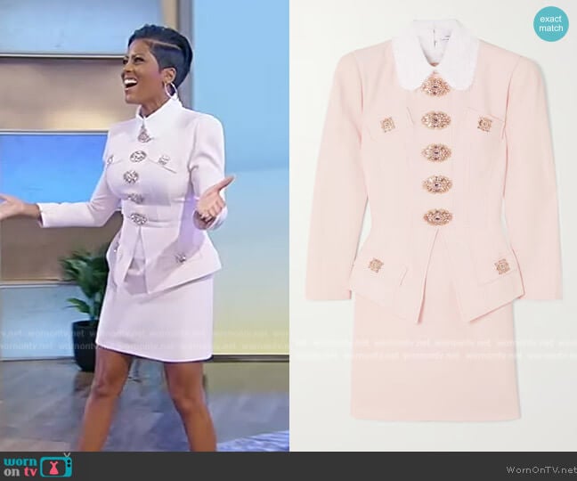 Andrew GN Lace-trimmed crystal-embellished crepe peplum mini dress worn by Tamron Hall on Tamron Hall Show