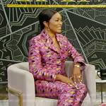 Angela Bassett’s pink geometric print blazer and pants on Tamron Hall Show