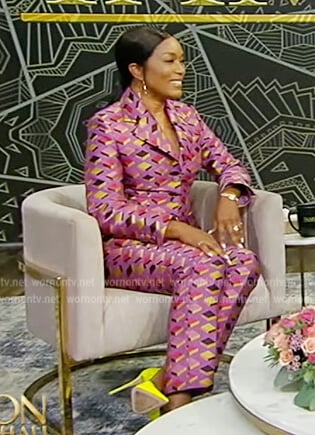 Angela Bassett’s pink geometric print blazer and pants on Tamron Hall Show