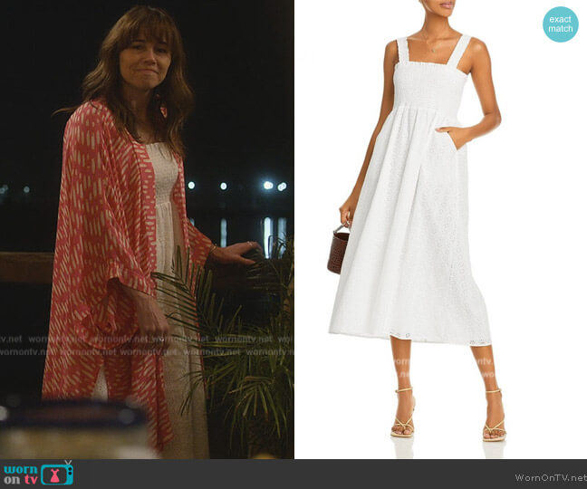 Aqua Eyelet Smocked Midi Dress worn by Judy Hale (Linda Cardellini) on Dead to Me