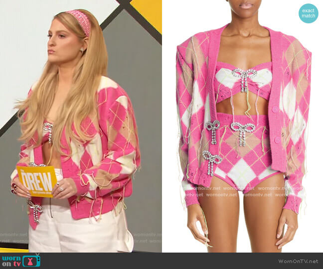 Area Crystal Embellished Distressed Argyle Bra Top worn by Meghan Trainor on The Drew Barrymore Show