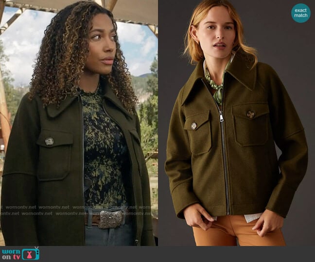 Avec Les Filles Double-Knit Shirt Jacket in Moss worn by Cassie Dewell (Kylie Bunbury) on Big Sky