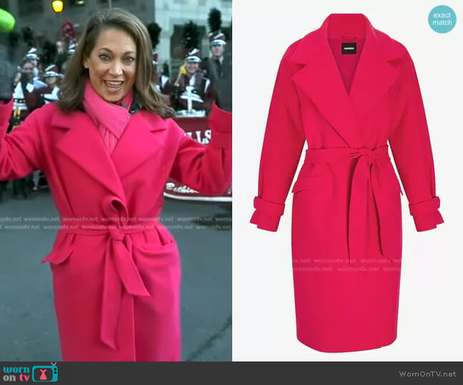Express Belted Wrap Front Faux Wool Coat in Flamingo Pink worn by Ginger Zee on Good Morning America