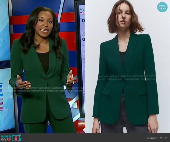 Zara Blazer with Tuxedo Collar in Green worn by Rachel Scott on Good Morning America