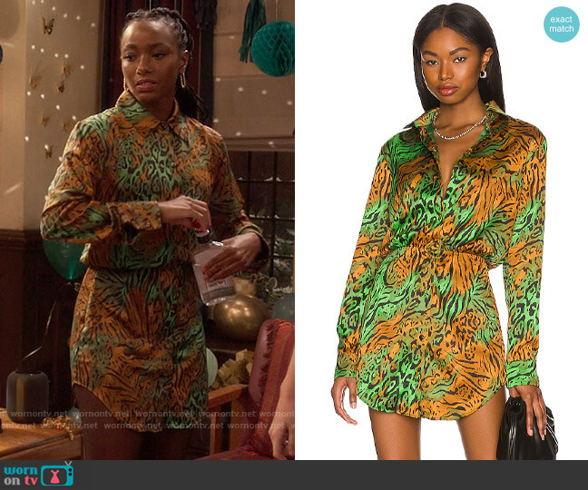 Camila Coelho Silva Shirt Dress in Jungle Green Leopard worn by Whitney Chase (Alyah Chanelle Scott) on The Sex Lives of College Girls