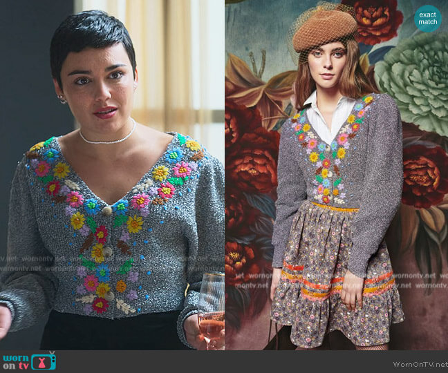 Celiab Redwood Embroidered Cardigan worn by Ari Blanco (Carla Diaz) on Elite
