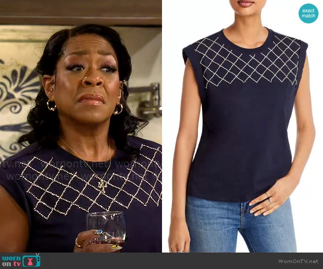 Cinq a Sept Bella Rhinestone Net Tee worn by Tina Butler (Tichina Arnold) on The Neighborhood