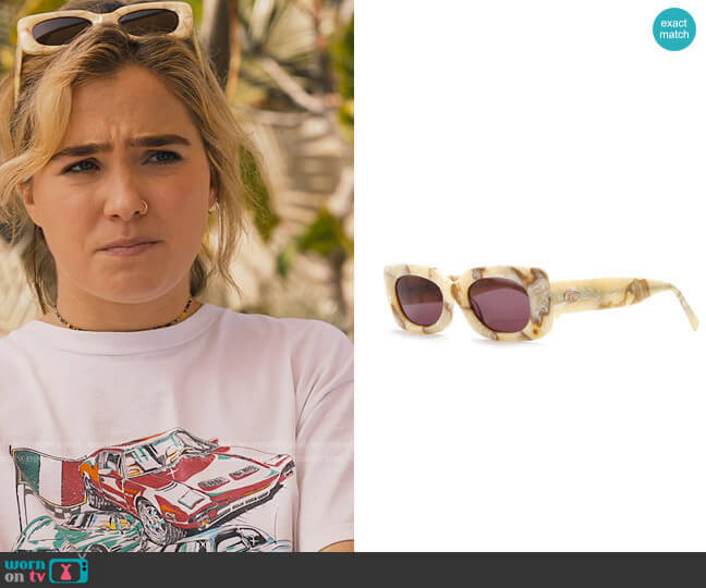 Crap Eyewear The Super Phreek Sunglasses in Cream Marble Bio / Plum worn by Portia (Haley Lu Richardson) on The White Lotus