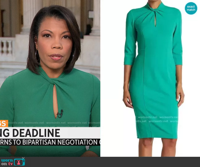 Donna Morgan Twisted Neck 3/4 Sleeve Sheath Dress worn by Nikole Killion on CBS Mornings