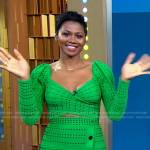 Emayatzy Corinealdi’s green dot cropped top and skirt on Good Morning America