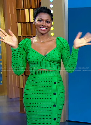 Emayatzy Corinealdi’s green dot cropped top and skirt on Good Morning America