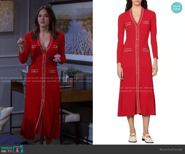 Sandro Esmeralda Pickstitch Long Sleeve Knit Shirtdress worn by Stephanie Johnson (Abigail Klein) on Days of our Lives