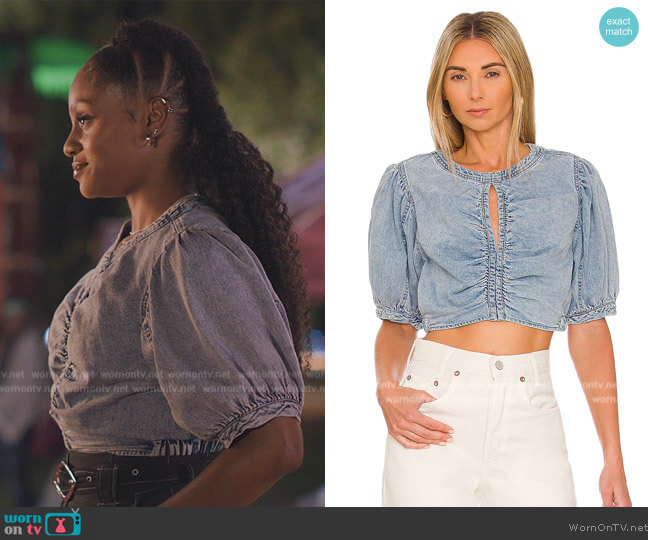 Free People x We The Free Eloise Denim Crop Top worn by Simone (Geffri Hightower) on All American Homecoming