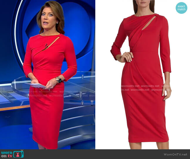 Giorgio Armani Gathered Cut Out Midi-Dress worn by Norah O'Donnell on CBS Evening News