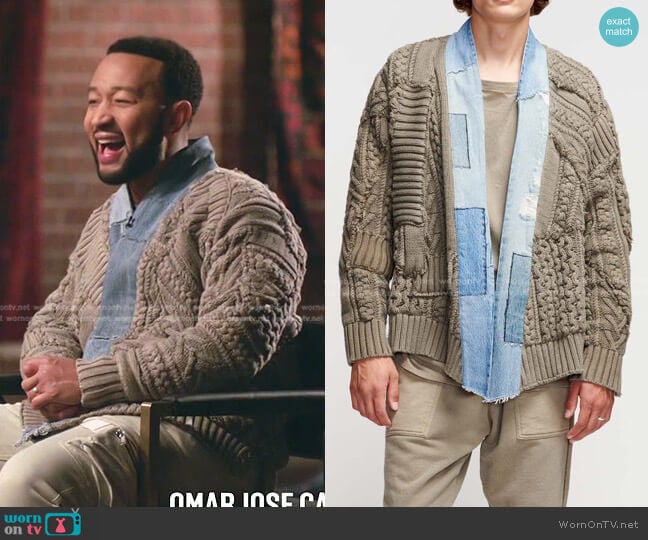 Greg Lauren Fisherman Cable-Knit Cardigan worn by John Legend on The Voice