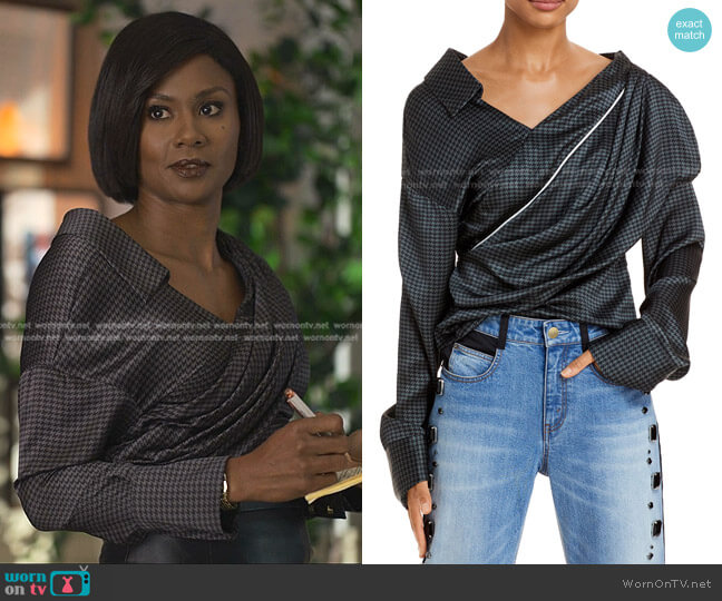 Hellessy Halsey Houndstooth Asymmetric Silk Top worn by Jax Stewart (Emayatzy Corinealdi) on Reasonable Doubt