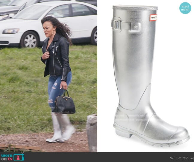 Hunter in Glitter Silver Cosmic Rain Boots worn by Ashley Darby on The Real Housewives of Potomac