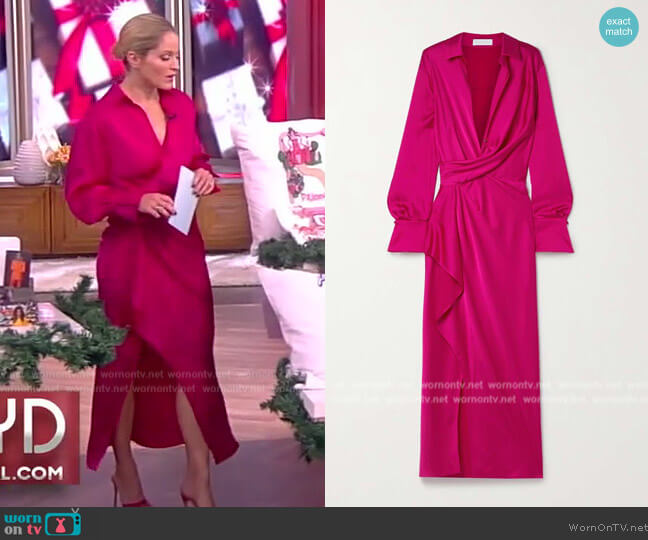 Jonathan Simkhai Talita wrap-effect satin midi dress worn by Sara Haines on The View