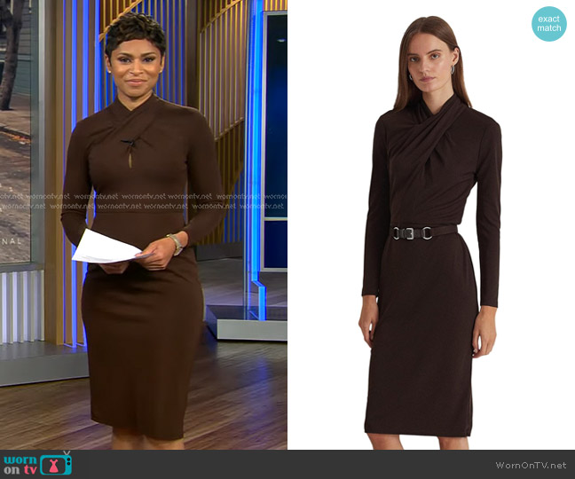 LAUREN Ralph Lauren Mockneck Jersey Dress worn by Jericka Duncan on CBS Evening News