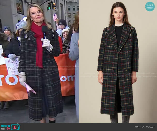 Sandro Long Coat with Rhinestone Shoulders worn by Savannah Guthrie on Today