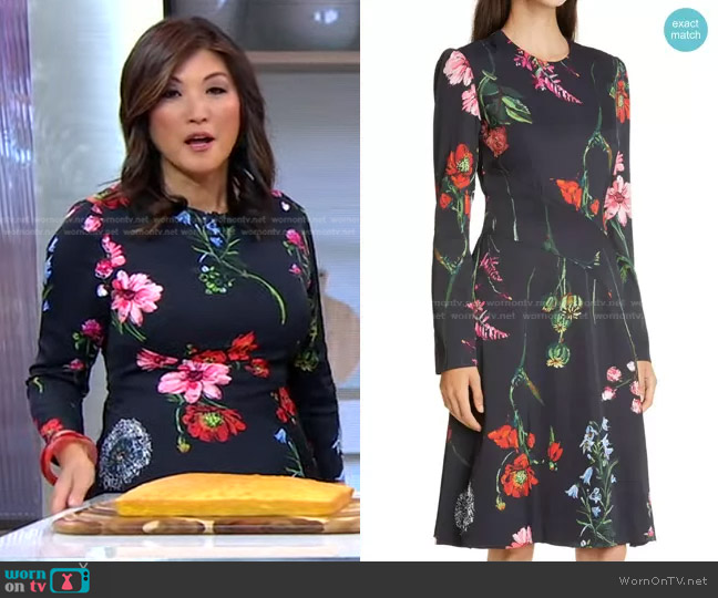 Lela Rose Long Sleeve Seamed Floral Crepe A-Line Dress worn by Juju Chang on Good Morning America