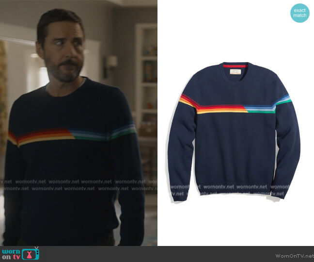Marine Layer Breck Stripe Sweater in Black Iris Multi Stripe worn by (Luke Wilson) on Stargirl