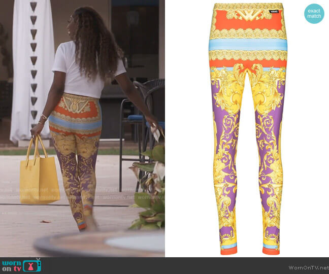 Versace Medusa Renaissance print leggings worn by Wendy Osefo on The Real Housewives of Potomac