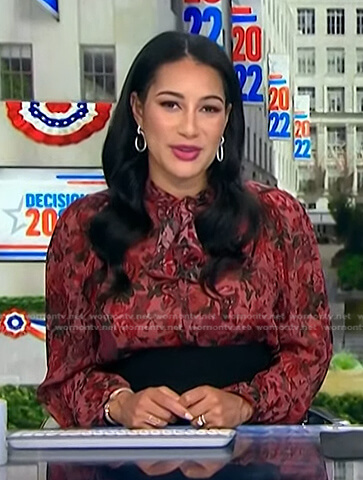 Morgan’s pink floral tie neck blouse on NBC News Daily