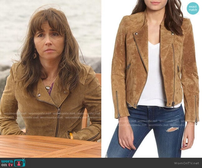 BlankNYC Denim No Limit Suede Moto Jacket worn by Judy Hale (Linda Cardellini) on Dead to Me