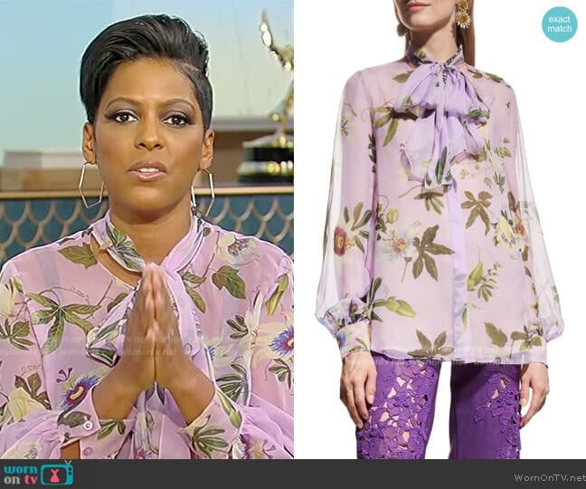 Oscar de la Renta Sheer Passionflower & Tie-Neck Blouse worn by Tamron Hall on Tamron Hall Show