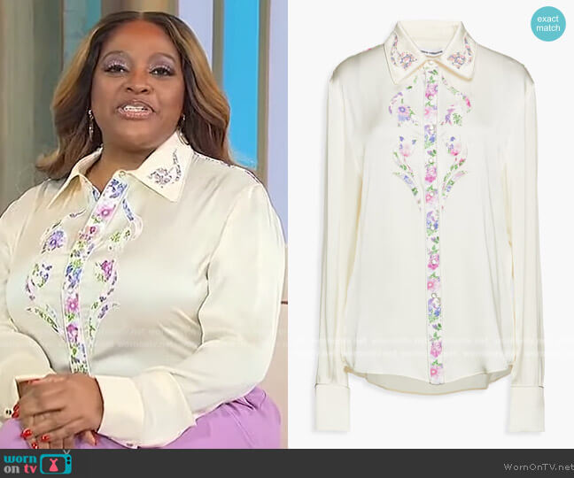 Paco Rabanne Paneled embroidered floral-print satin shirt worn by Sherri Shepherd on Sherri