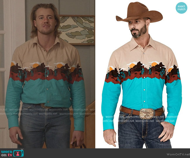 Panhandle Turquoise Scenic Border Print Western Shirt worn by JJ Parker (Hunter Clowdus) on All American