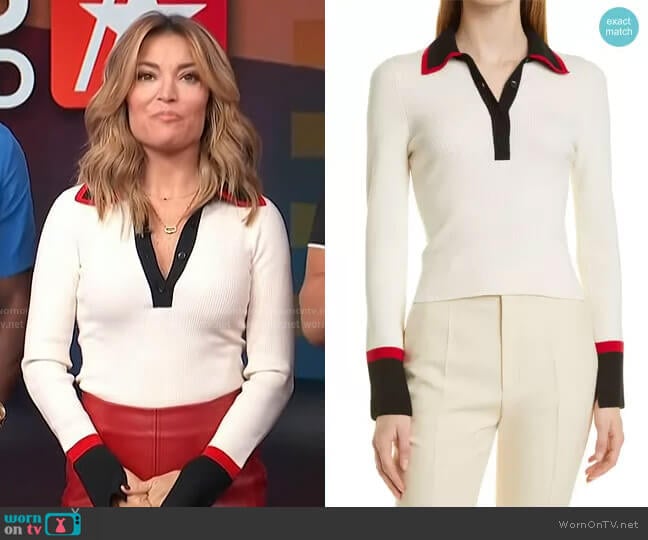 Alice + Olivia Pia Ribbed Wool Blend Polo Sweater worn by Kit Hoover on Access Hollywood