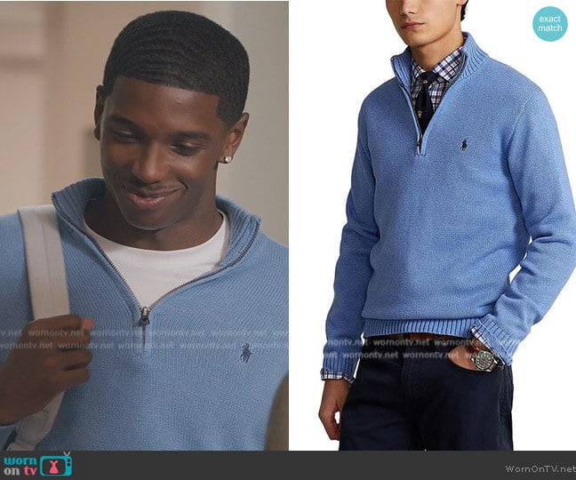 Ralph Lauren Cotton Quarter-Zip Sweater worn by Orlando Johnson (Martin Bobb-Semple) on All American Homecoming