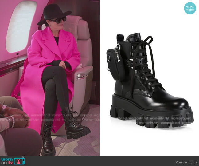Prada Monolith Leather & Nylon Lug-Sole Combat Boots worn by Kris Jenner (Kris Jenner) on The Kardashians