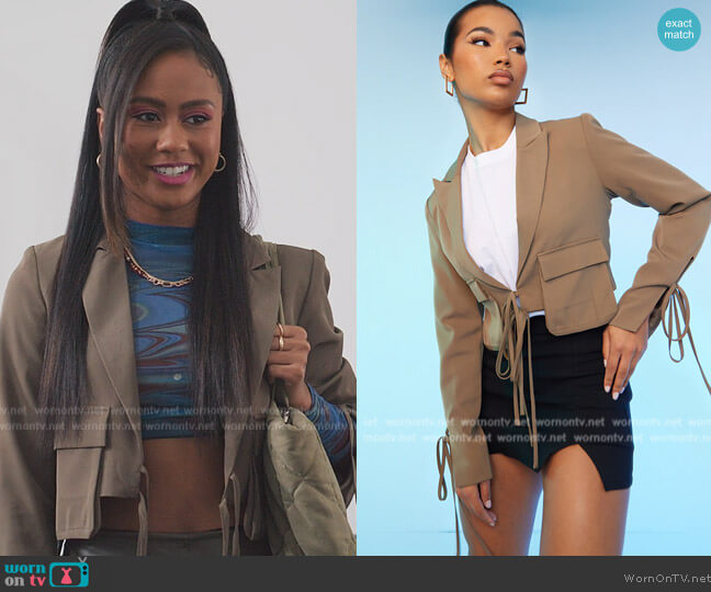 Pretty Little Thing Khaki Tie Detail Cargo Pocket Cropped Blazer worn by Keisha (Netta Walker) on All American Homecoming