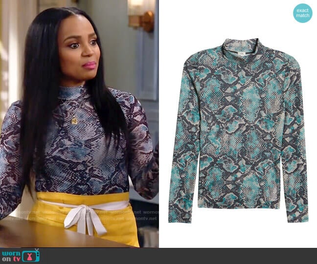 River Island Mock Neck Snake Mesh Top worn by Randi (Kyla Pratt) on Call Me Kat
