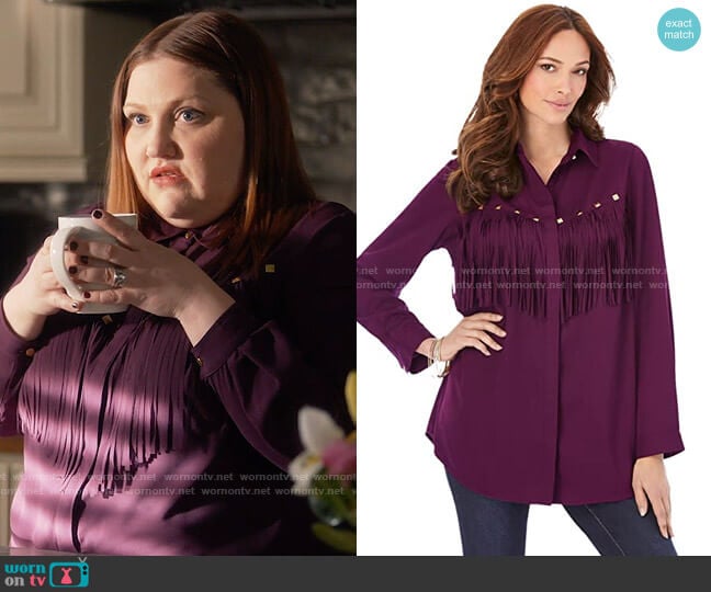 Roamans Fringe Big Shirt in Dark Berry worn by Gigi Taylor-Roman (Beth Ditto) on Monarch
