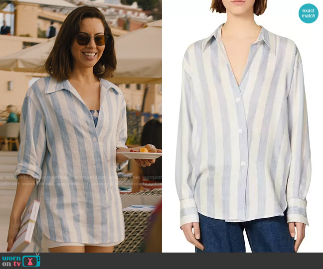 Sandro Maggie Striped Asymmetrical Shirt worn by Harper Spiller (Aubrey Plaza) on The White Lotus