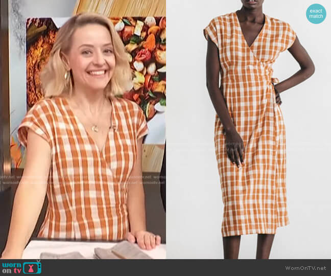 Bridge & Burn Saria Midi Wrap Dress In Marigold Plaid worn by Kelsey Nixon on Access Hollywood