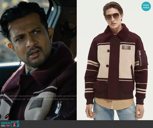 Scotch & Soda Jacquard wool-blend bomber jacket worn by Jay (Utkarsh Ambudkar) on Ghosts
