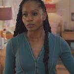 Simone’s blue contrast piping cardigan on All American Homecoming
