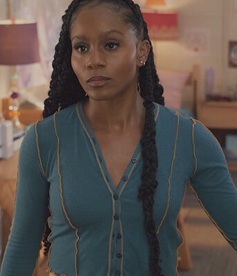 Simone’s blue contrast piping cardigan on All American Homecoming