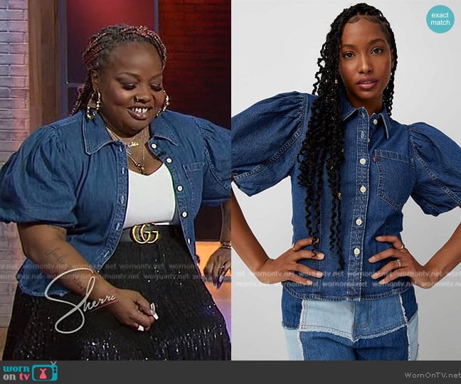 Levis Puff-sleeve cropped denim shirt worn by Jackie Fabulous on Sherri