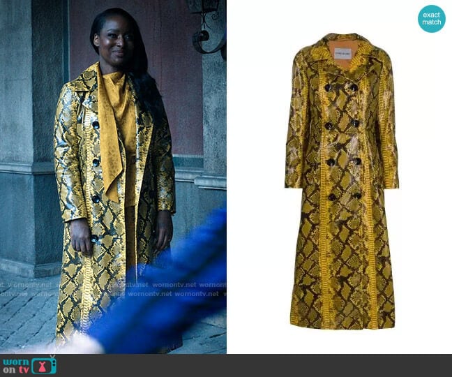 Stand Studio Snake print double-breasted coat worn by Gabrielle (Gracy Goldman) on Wednesday