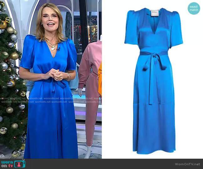 Stella McCartney Puff Sleeve Tie Waist Satin Midi Dress worn by Savannah Guthrie on Today