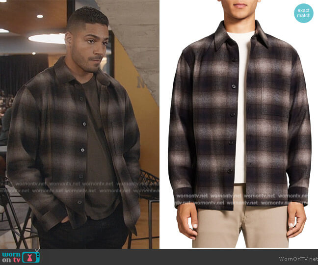 Theory Clyfford Ansedonia Check Overshirt worn by Jordan Baker (Michael Evans Behling) on All American
