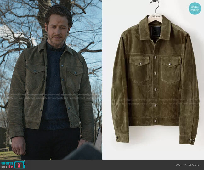 Todd Snyder Italian Suede Snap Dylan Jacket in Olive worn by Ben Stone (Josh Dallas) on Manifest