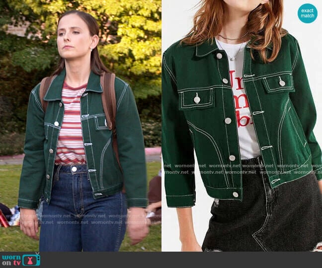 UNIF Woody Green Denim Jacket worn by Kimberly Finkle (Pauline Chalamet) on The Sex Lives of College Girls